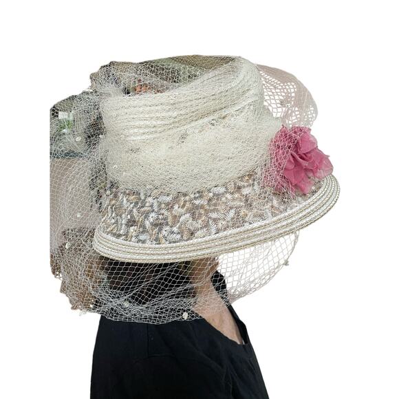 Kokin Bucket Straw Veil Ivory Floral Embroidery Net Vintage Bridal Lunch Hat - Picture 3 of 9